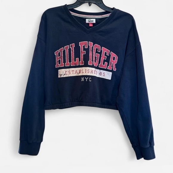 Tommy Hilfiger Sweaters - Tommy Hilfiger Cropped Sweatshirt Navy Blue Vintage Graphic Pullover